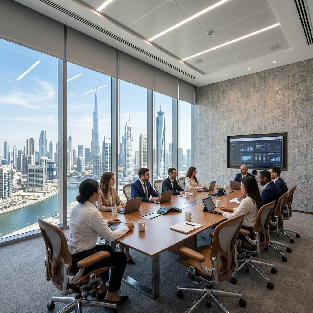 Luxury wood slat 3D acoustic panels installed in Business Bay conference room for sound insulation