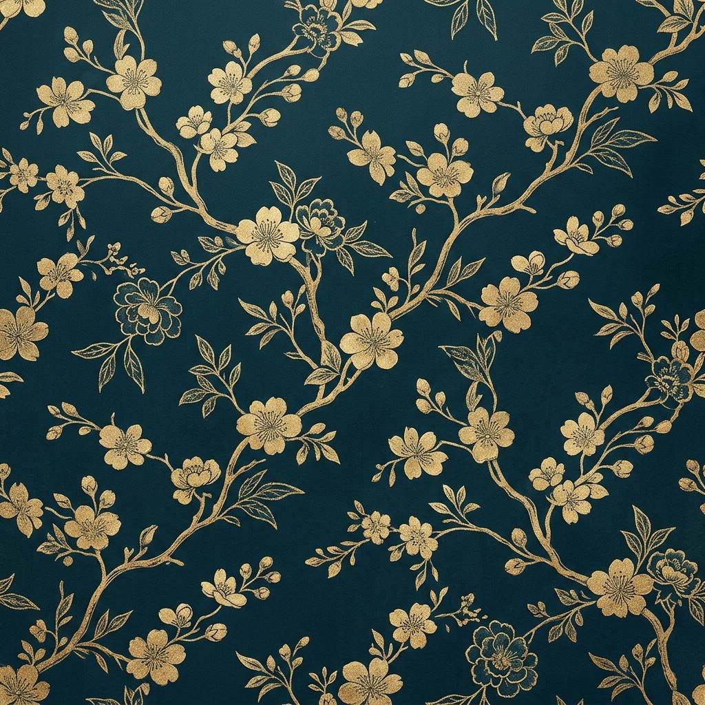 Hand-crafted teal and gold floral wallpaper mural swatch close up
