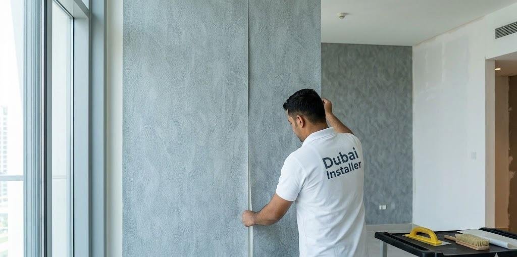 Professional wallpaper fixing in a Dubai home